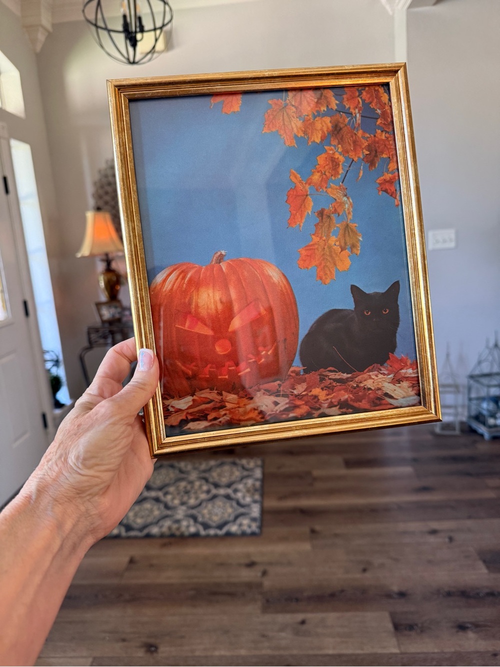 Vintage Gold Framed Autumn Pumpkin & Black Cat - Picture 5 of 11